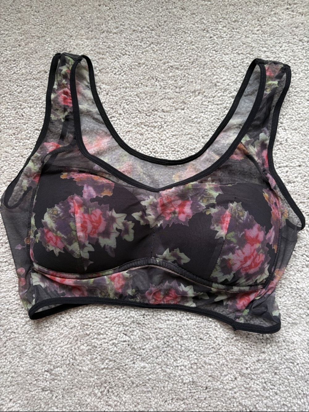 Sheer Floral Mesh Bralette - Black with Pink Roses